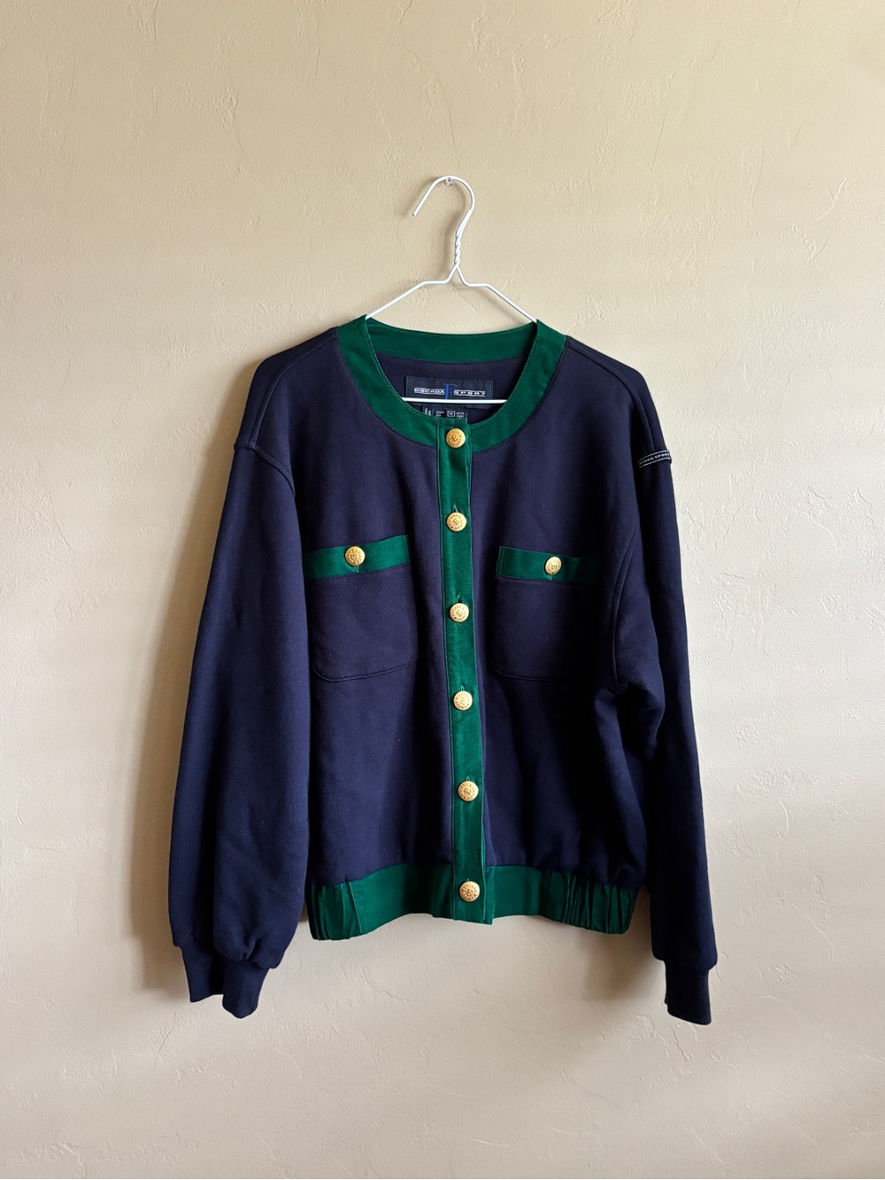 Vintage Escada Sport Cardigan Jacket M Navy Green Gold Button 100% Cotton Preppy